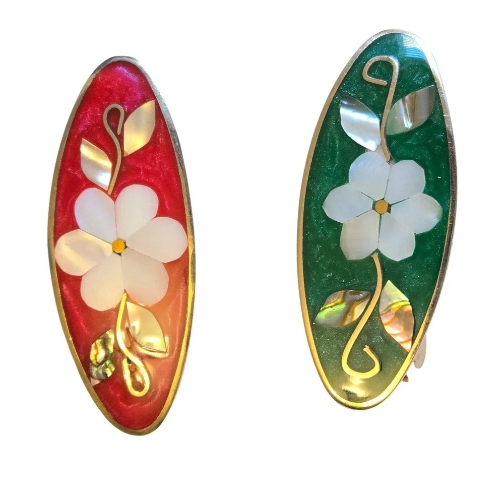 Vintage Mother of Pearl Floral Hair Barrettes Red Green Abalone Set 2